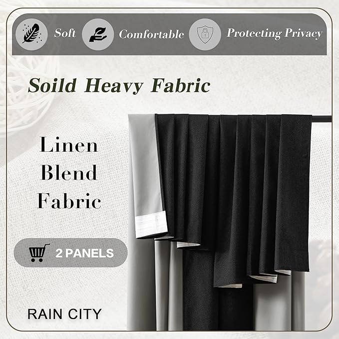 RAIN CITY 104 Inch Custom Made Black Curtains, Textured Linen Blend Black Out Pleated Look Curtains with Hooks Window Drapes for Slidng Glass Door Living Room-50x104-inch 2 Panels Set