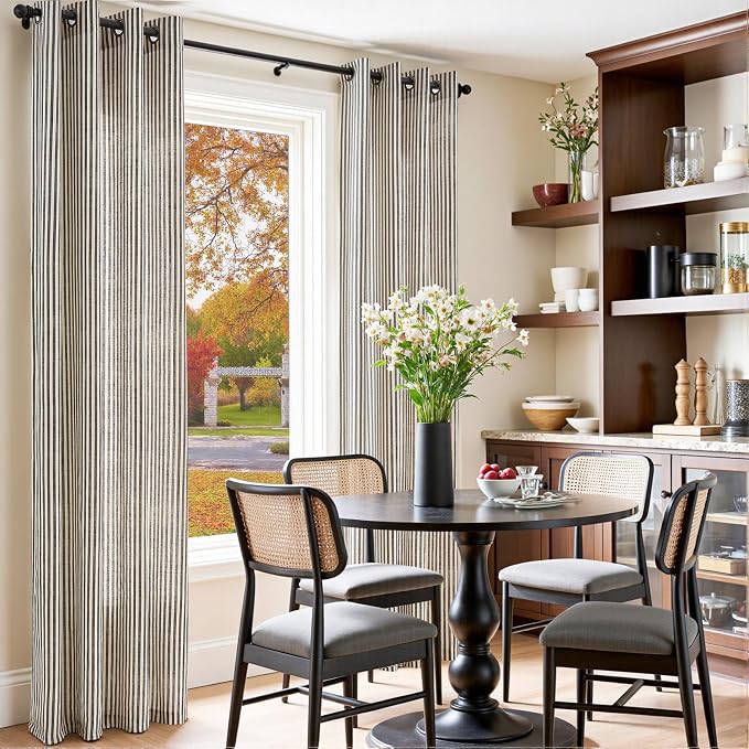 jinchan Linen Curtains 84 Inch Black Stripe on Beige Grommet 2 Panels | Curtains for Living Room Bedroom,Ticking Stripe Pattern,Farmhouse Cottage Core Rustic, Window Treatment,Light Filtering