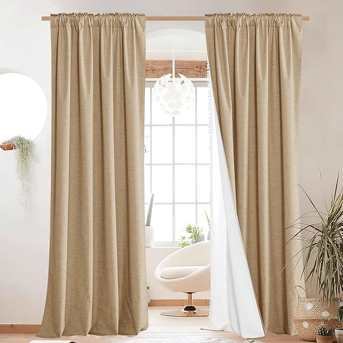 NICETOWN 100% Blackout Linen Curtains for Living Room with Thermal Insulated White Liner, Camel, 52" Wide, 2 Panels, 84" Long Drapes, Back Tab Retro Linen Curtains Vertical Drapes Privacy for Bedroom