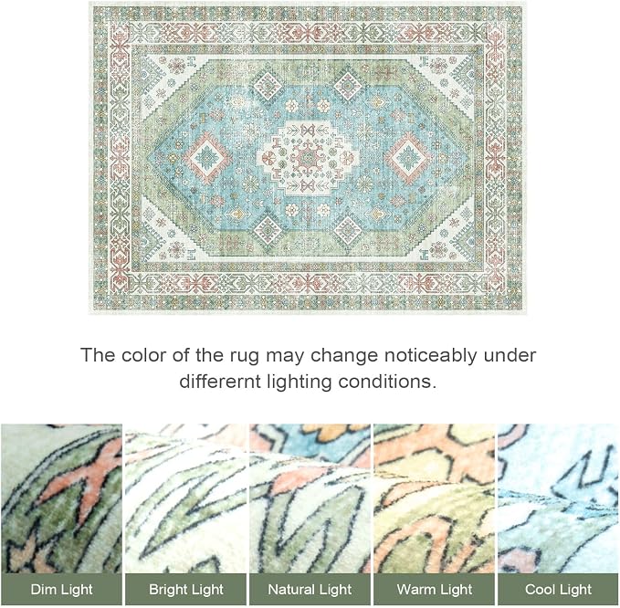 Lofus Vintage Living Room Rugs 5x7, Soft Machine Washable Area Rug for Bedroom Indoor Floor Home Office House Decor, Oriental Traditional Distressed Farmhouse Carpet, Boho Sage Green and Light Blue