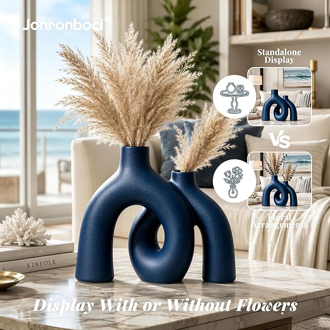 Hug Donut Decorative Vase Set - Navy Blue Vase, Modern Coastal Style Vases Home Decor, Matte Ceramic Decorations for Living Room Shelf, Bookshelf Mantle Entryway Table or Console Décor (Navy Blue)