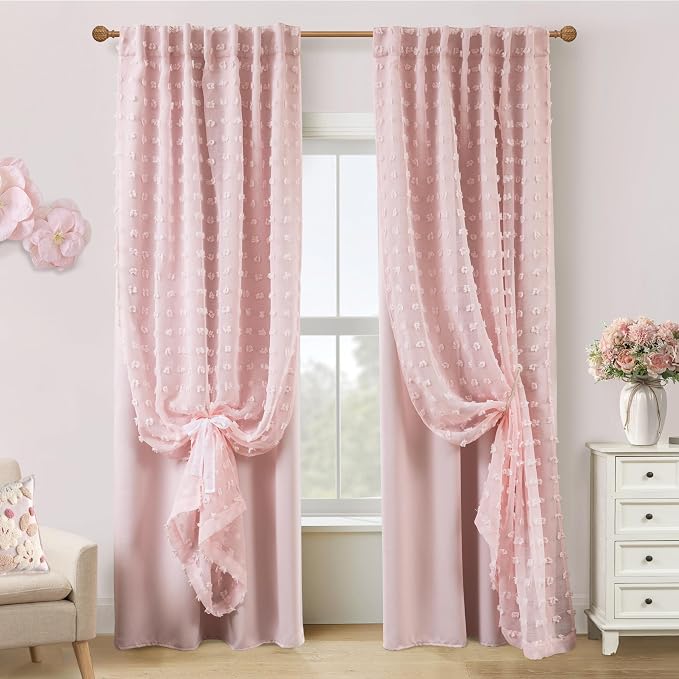 Cottage Core Whimsical Curtains,Pink Fairy Blackout Cottagecore Fancy Curtains for Living Room Bedroom 96 Inches Long