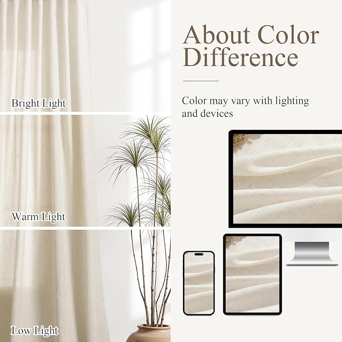 Aersas Birch Beige Linen Curtains 108 Inches Length for Living Room Flax Texture Wave Fabric Semi Sheer with Rod Pocket Back Tab for Bedroom Balcony Light Filtering Neutral Home Decor 52x108