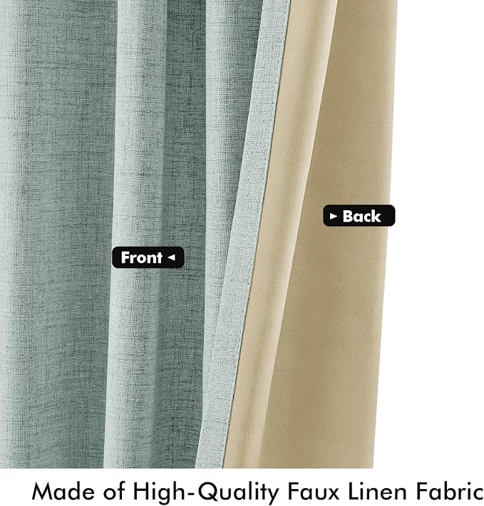 MIULEE 100% Blackout Linen Curtains for Bedroom, Seafoam Green Solid Luxury Decor Thermal Insulation Room Darkening Drapes for Living Room Back Tab Rod Pocket 42 x 63 Inches, 2 Panels