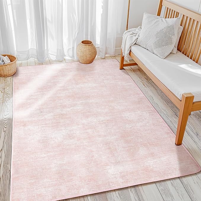 4x6 Washable Area Rug, Pink Solid Area Rugs for Living Room & Bedroom | Stain-resistant & Non-slip backing,Low Pile Washable Large Carpet, Solid Vintage Style For High Traffic Areas(4x6,Pink)