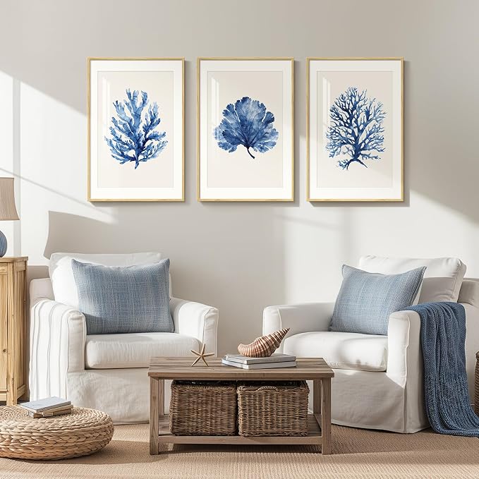 Framed Coastal Coral Wall Art for Living Room, Large Navy Blue Watercolor Coral Artwork for Walls, 3 Piece Minimalist Ocean Beach Marine Plants Pictures Prints for Bedroom Hallway Wall Decor, 16x24 In