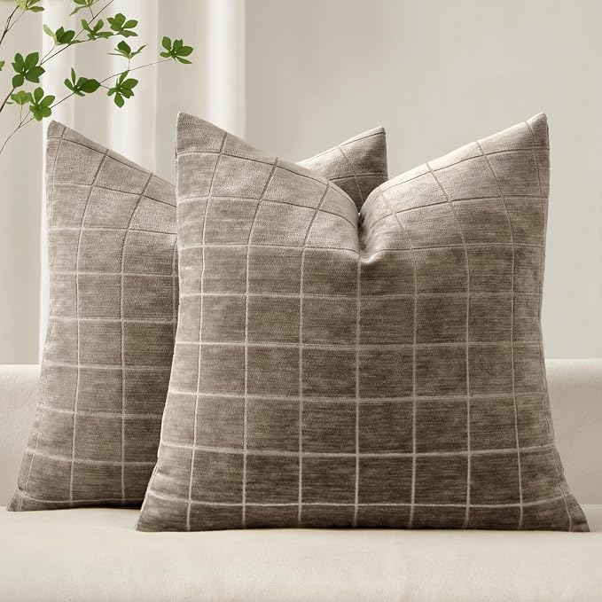 MIULEE Taupe Grey Plaid Decorative Fall Throw Pillow Covers 22x22 Set of 2 | Vintage Check Chenille Couch Pillows Boho Farmhouse Cushion Covers Modern Fall Home Decor for Sofa Bed Living Room