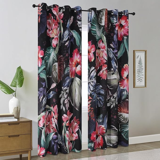 Estelar Textiler Boho Floral Thermal Insulated Blackout Curtains for Bedroom 84 inch Long 2 Panels，Garden Flowers and Leaf Farmhouse Mid Century Black Out Grommet Drapes for Living Room，52Wx84L