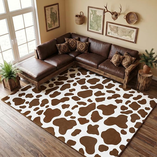 Soft Cowhide Rug 5x7 Ft, Faux Cow Hide Rugs for Living Room Bedroom, Non-Slip TPR Backing for Hardwood Floors, Machine Washable & Easy to Clean, Pet Friendly Carpet for Kids, Coffee, White