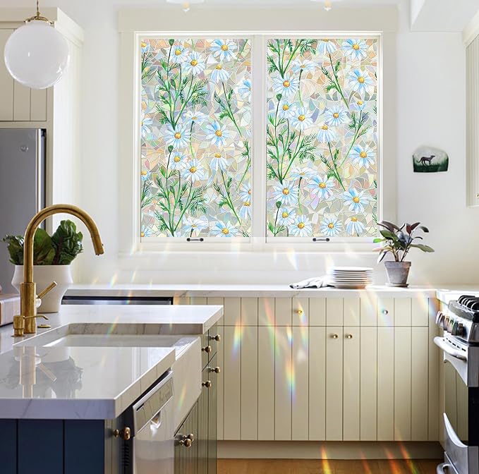 QHY Sunshine Privacy Window Film with Installation Tool Decorative Stained Glass Window Stickers Reusable Window Film (Leafy Daisy, 17.5 x 78.7)