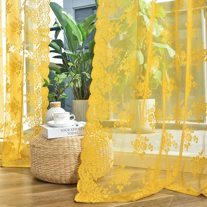 Kotile Mustard Yellow Sheer Curtains 80 Inches Long for Living Room, 2 Panels Rustic Floral Patterned Gold Boho Lace Curtains for Bedroom, Rod Pocket Privacy Vintage Sheer Lace Drapes, 52 x 80 Inch