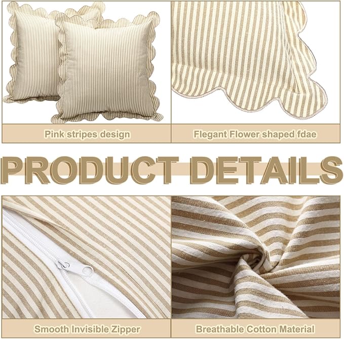 Newwiee 2 Pack Scalloped Pillow Cover 20 x 20 Inch Beige Stripe Throw Pillow Cover Cotton Decorative Pillowcase for Women Men Couch Living Room Cushion Indoor Outdoor Decoration
