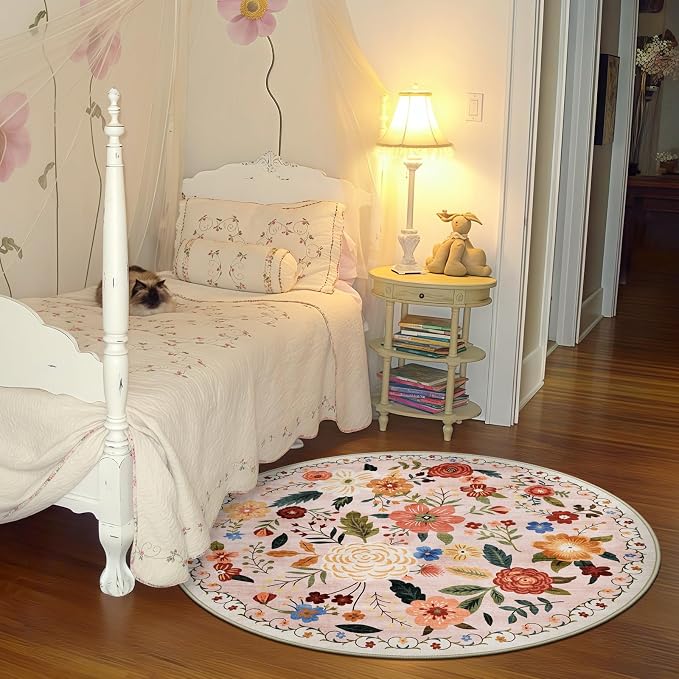 4ft Round Machine Washable Area Rug for Living Room, Beige Pink Vintage Boho Floral Rug Non-Slip Low Pile Soft Faux Wool Carpet Kids and Pets Friendly for Bedroom Nursery Farmhouse Home Decor Rug