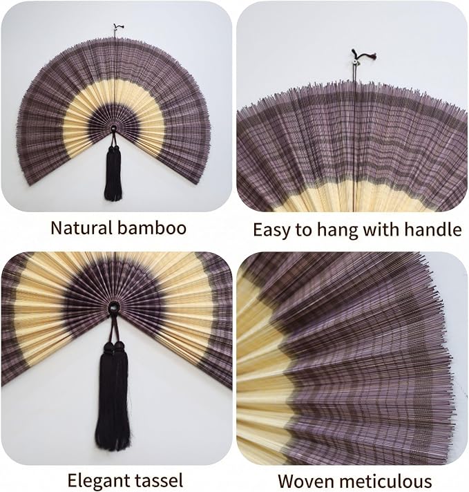 SUCHUBU Purple Bamboo Wall Fan, 40" Unique Handwoven Wall Decor, Large Japanese Hanging Fan, Asian Art for Bedroom, Aesthetic Soft Purple Wall Accent, Hook Strap Included (Chevolet, Medium)