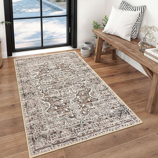 KUTA Vintage Floral Rug 3x5 Area Rugs for Living Room Brown Washable Kitchen Carpet Non-Slip, Ultra Soft Printed Distressed Tribal Entry Low-Pile Throw for Entrance Bedroom Home Décor