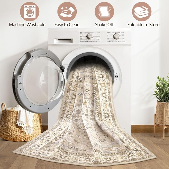 8x10 Area Rugs Living Room: Washable Boho Large Neutral Vintage Soft Rug Stain Resistant Farmhouse Non-Slip Indoor Floor Carpet for Bedroom Nursery Kids Playroom Office Dining Room- Beige Grey