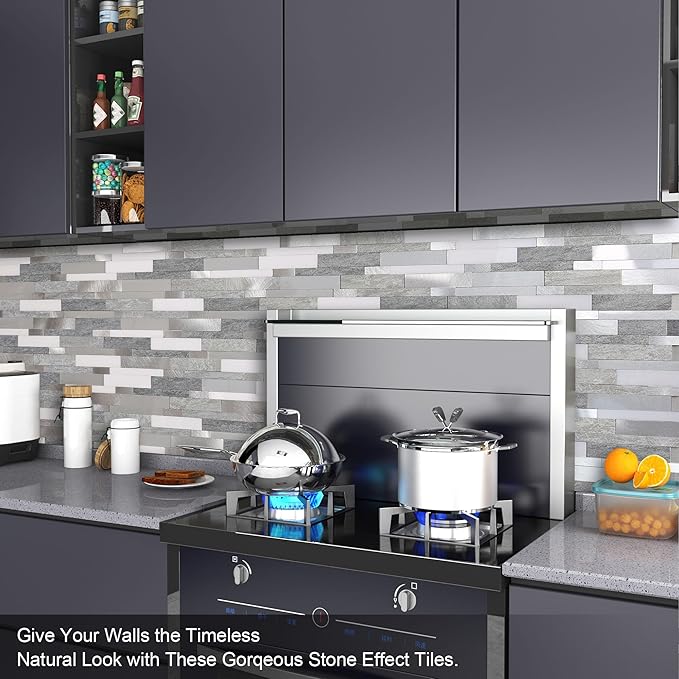 BeNice Backsplash Peel and Stick Wall Tiles for Kitchen,Subway Self Adhesive Linear Mosaic Stickers Bathroom Waterproof(10 Sheets, Rustic Gray)