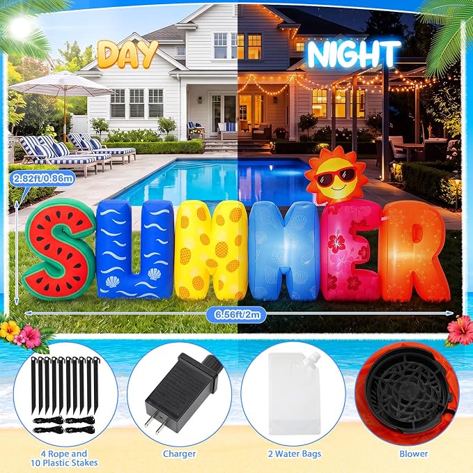 6.56 Ft Summer Inflatable Decoration- LED Lighted Summer Decorations Aloha Tiki Blow Up Party Decor for Tropical Beach Pool Indoor Outdoor Lawn Garden Patio Yard