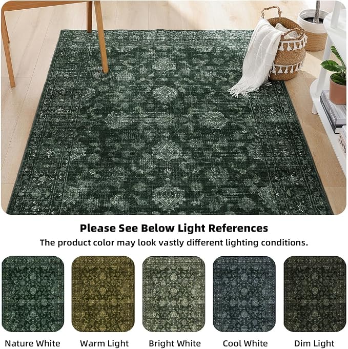FROZZUR Boho Green Area Rug 5x7 Large Vintage Rug for Living Room Bedroom Dining Table, Non Slip Distressed Washable Rugs for Home Office Christmas Decor Green