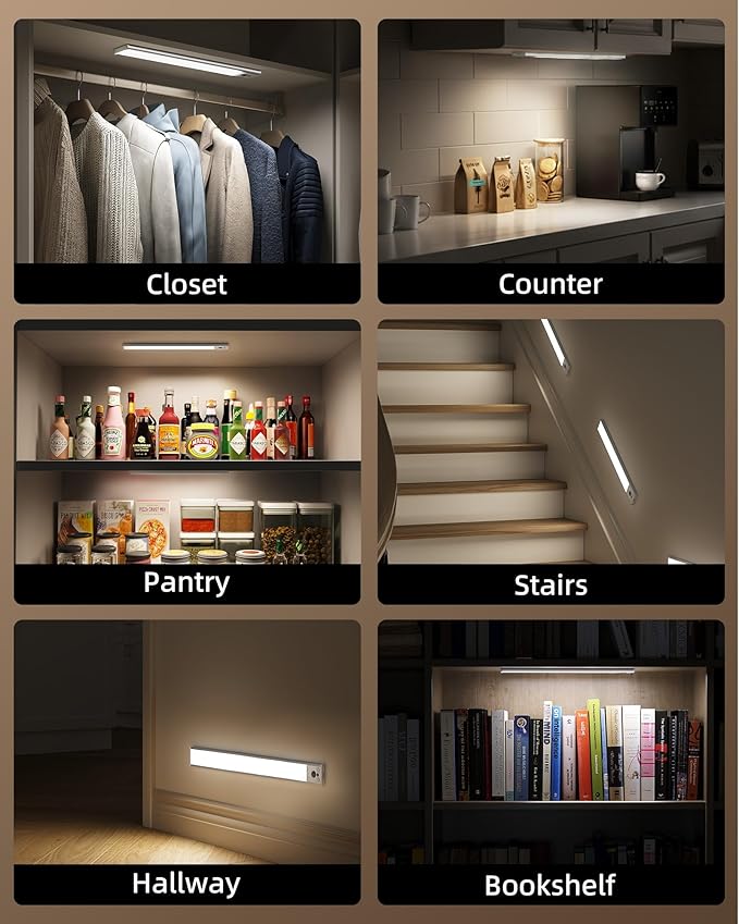 EZVALO 16.5-inch Under Cabinet Lighting, 4000mAh Rechargeable Motion Sensor Light Indoor, with Dimmable & 3 Color Temps, Magnetic Closet Lights, Wireless Under Counter Lights for Kitchen (4-Pack)