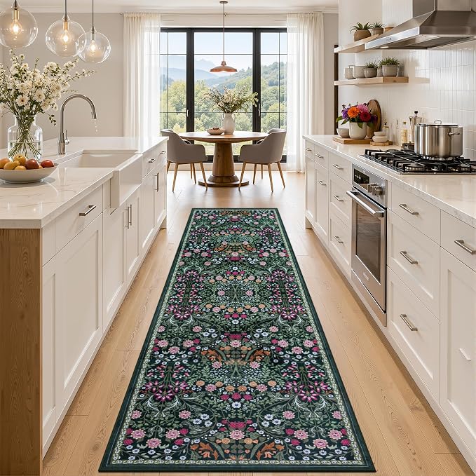 Runner Rug for Entryway: 2.6x10 Kitchen Rugs Non Slip Washable Ultra-Thin Soft Floral Carpet Indoor Floor Stain Resistant Carpets for Hallway Bedroom Kitchen Laundry Bathroom Dorm Dark Green