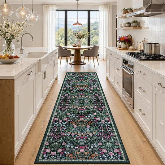 Runner Rug for Entryway: 2.6x10 Kitchen Rugs Non Slip Washable Ultra-Thin Soft Floral Carpet Indoor Floor Stain Resistant Carpets for Hallway Bedroom Kitchen Laundry Bathroom Dorm Dark Green