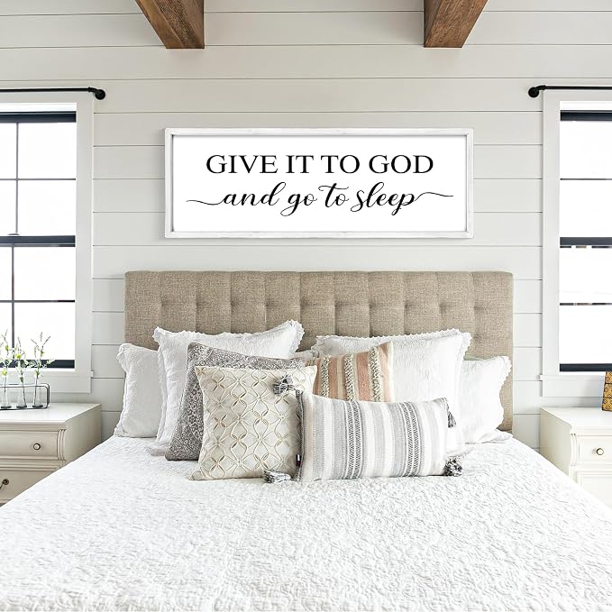 Give It to God and Go to Sleep Sign 42''×15'' Large Above Bed Wall Decor Farmhouse Bedroom Decor Wood Framed Guest Room Decor Wall Art Rustic Master Bedroom Wall Decoration (White)