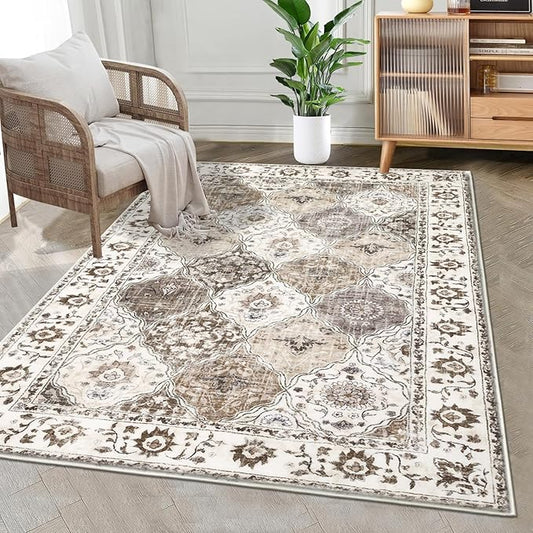 HEBE Washable Area Rug - 3'x5' Non Slip Soft Distressed Medallion Bedroom & Living Room Accent Throw Vintage Entry Floor Carpet for Dining Room & Bathroom Entryway