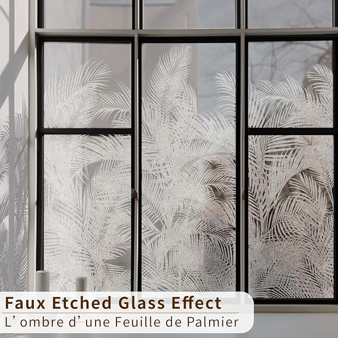 Modern Botanical Frosted Window Privacy Film, Etched Glass Window Film Decorative Abstract Plants, Thickened Floral Shadow Palm Leaf Window Cling Privacy Film 22.83"X47.24"