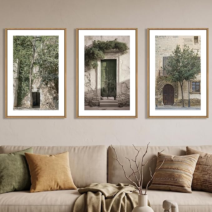 HOURIA Vintage Italy City Landscape Framed Canvas Wall Art Set,Sage Green Olive Tree Old House Wall Decor,Modern Mediterranean Country Cityscape Artwork for Living Room,Bedroom,Farmhouse- 24"x36"x3