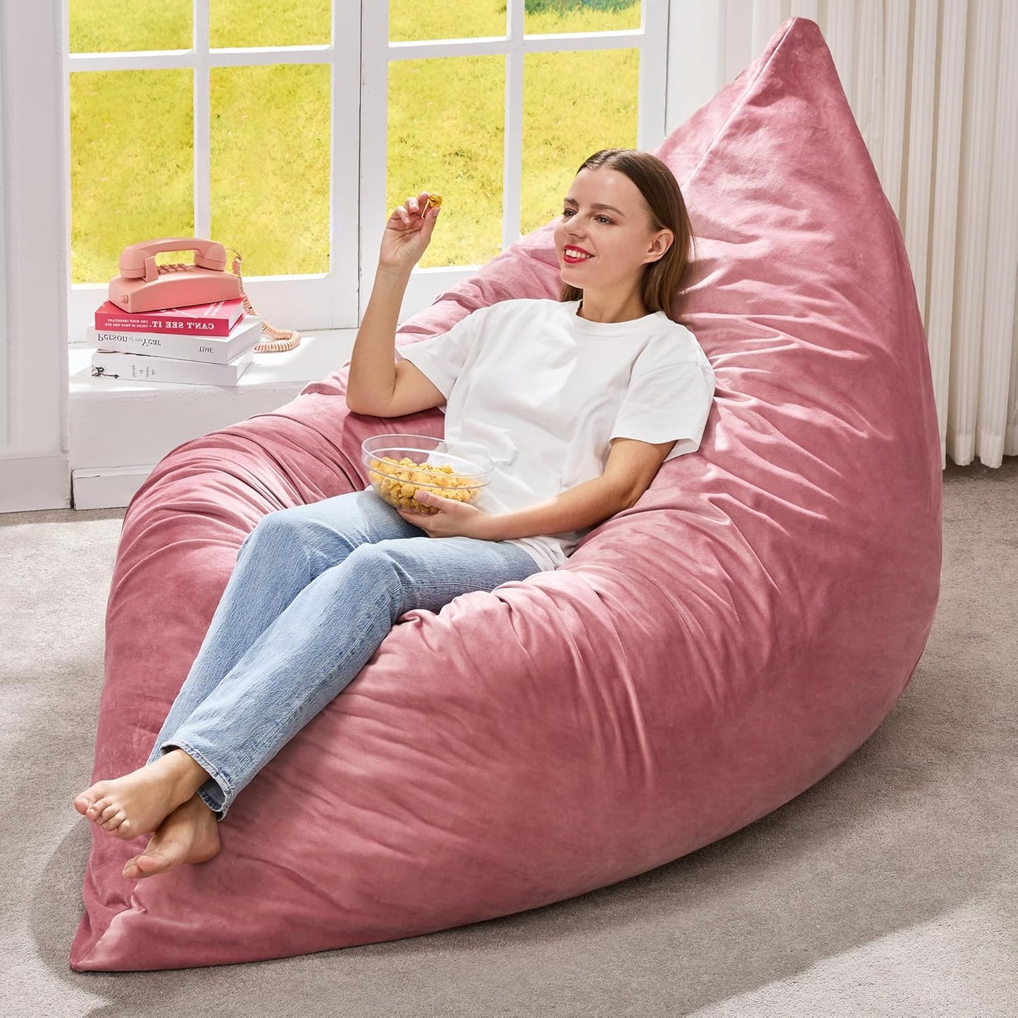 Hobestluk 3 in 1 Bean Bag Chair Giant Bean Bag Chairs for Adults with Velvet Cover Convertible Bean Bag Floor Cushion with Machine Washable Cover for Living Room (Velvet Pink)