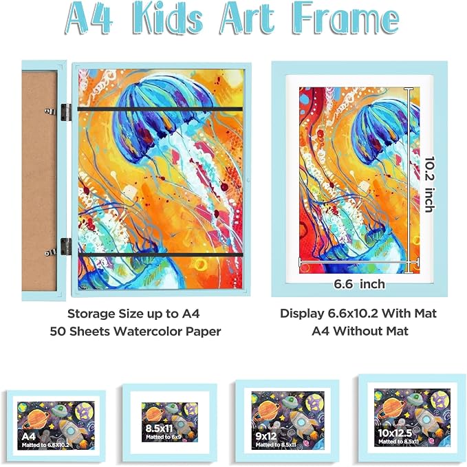 KINLINK A4 Kids Art Frame 2 Pack, Solid Wood Artwork Frames Changeable, Front Opening Hold 150 Pictures, Art Frames for Kids Artwork, 6.6x10.2 with Mat A4 without Mat, Picture Frames Light Blue