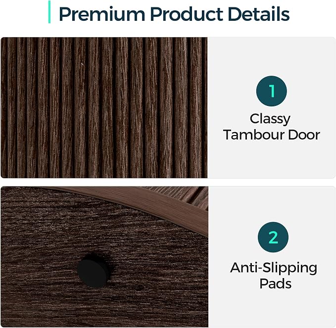 LINSY HOME Round Fluted End Table, Tall Side Table with Sliding Tambour Door and Storage Shelf, Modern Bedside Table, Mid-Century Nightstand for Living Room, Bedroom, Dark Walnut