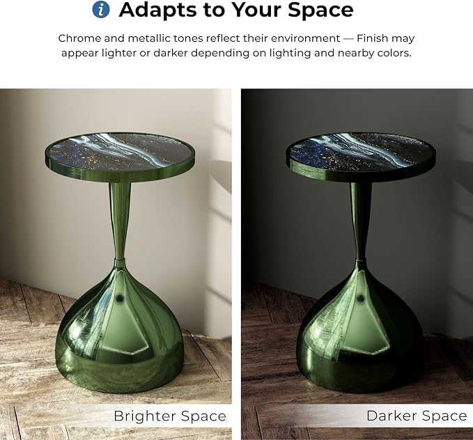Homes: Inside + Out Halric Modern 24" Tall Round End Table with Decorated Tabletop and Iron Metal Base, Accent Furniture, Elegant Pedestal Stand for Living Room, Home Office, Chrome Green