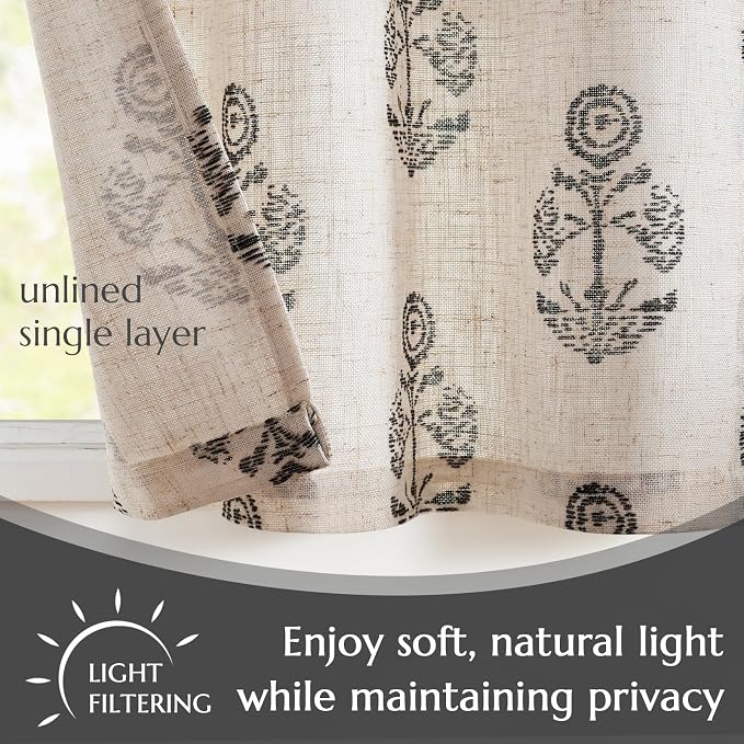 jinchan Linen Kitchen Curtains 24 Inch Floral Tier Curtains Farmhouse Cottage Core Flax Cafe Rod Pocket Country Small Window Drapes for Laundry Room Bathroom RV 2 Panels Black on Beige