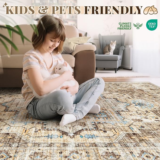 Area Rug 9x12 Vintage Rug: Large Washable Indoor Medallion Rugs Low Pile Distressed Floor Carpet Retro Accent Rug for Living Room Bedroom Kitchen Dining Table Home Office(Brown/Blue, 9'x12')