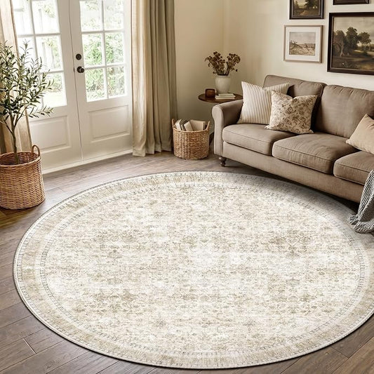 Sasttie Round Rugs 8ft, Ultra-Soft Washable Circle Rug, Low Pile Foldable Thin Carpets with Non-Slip Backing, Skin-Friendly Stain Resistant Carpet for Living Room, Bedroom, Kitchen, Dorm, 8ft, Beige