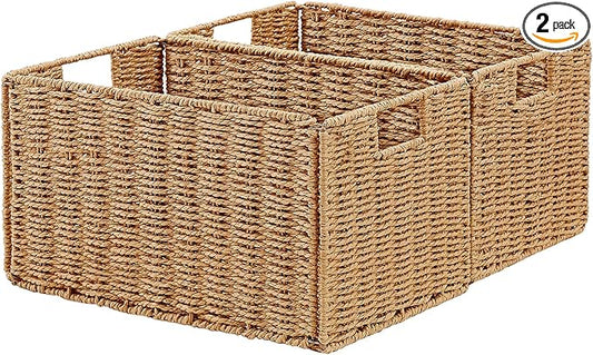 Vagusicc Wicker Storage Basket, Set of 2 Hand-Woven Paper Rope Wicker Basket, Small Storage Baskets for Organizing Toilet Paper Basket, Foldable Large Cube Storage Organizer Bins for Shelves (Natural)