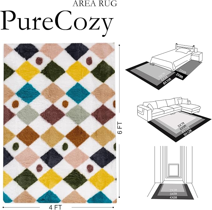 PureCozy Checkered Rug 4x6 Fluffy Shag Living Room Rainbow Area Rug Modern Washable Carpet Soft Shaggy Non Slip Indoor Plush Fuzzy Rugs for Bedroom Dorm Office Home Aesthetic Decor