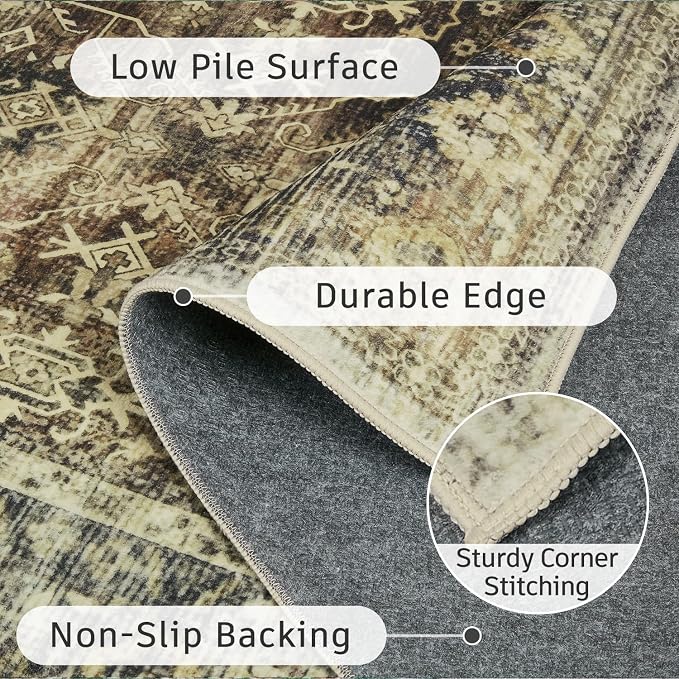 DCX Washable 6x9, Kid & Pet Friendly with Rubber Back Non Slip, Stain Resistant Vintage Rug for Living Room, Bedroom, Home Office, Soft Low Pile Large Farmhouse Distressed Carpet, Brown