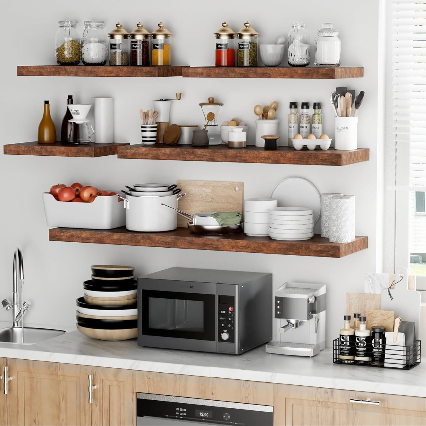 Fun Memories Floating Shelves - 12 Inch Rustic Wooden Wall Shelves - Extra Deeper & Thicker Wall Mounted Storage Shelf for Living Room, Kitchen, Farmhouse - 48" W x 12" D x 1.8" H - Brown