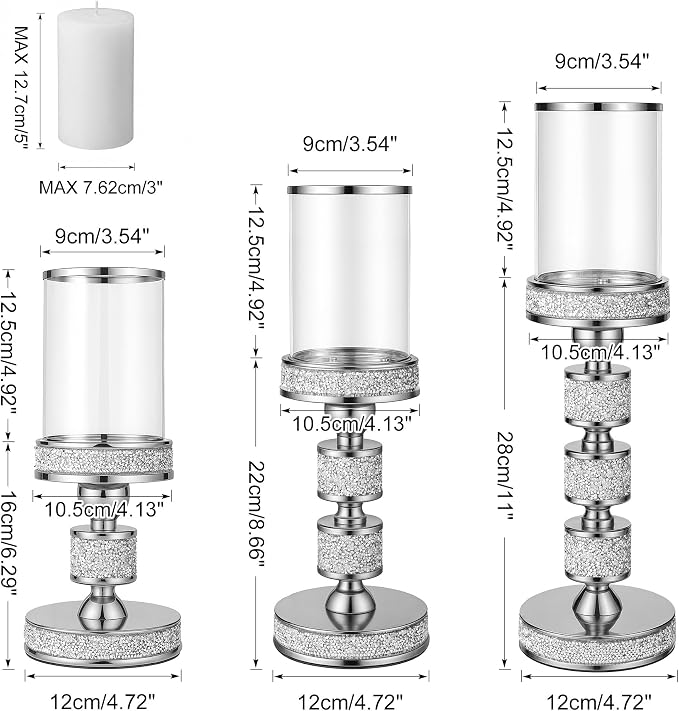 Hurricane Candle Holder, 15.9" Tall Metal Candle Stand, Glass Pillar Candle Holders Crystal Silver Decorative Centerpieces for Table, Wedding and Dining Room (Fits Candles up to 3"x5", 3pcs, S+M+L)