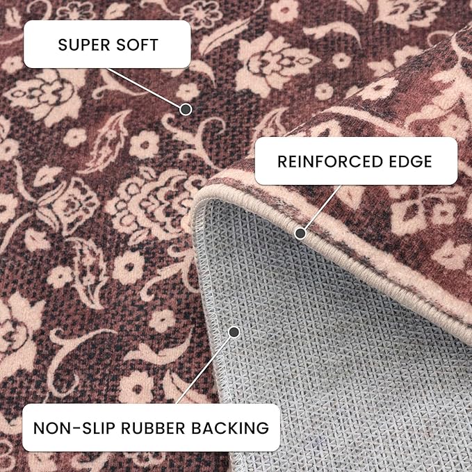Vintage Washable Runner Rug 2x6, Burgundy Runners for hallways, Super Soft Kitchen Runner Rug Non Slip, Printed Faux Wool Floral Thin Carpet Runner for Entryway Laundry Room Bedroom