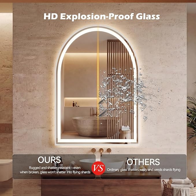 Sweetcrispy 24“×36” LED Bathroom Backlit Mirror with Lights, Arched Vanity Mirror with Anti-Fog, Dimmable, 3-Color Light, Memory Function, Tempered Glass