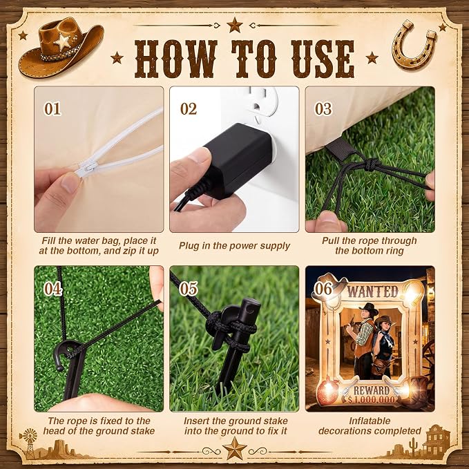 Soulchen 6 x 5 ft Western Wanted Inflatable Decoration with LED Lights and Built-in Blower Perfect for Cowboy Party Decor Western Themed Birthdays and Vintage Country Events
