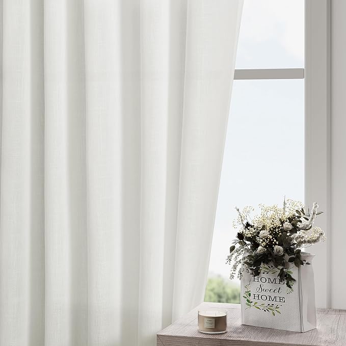 Nanspring Off White Semi Sheer Linen Curtains 72 inch Length for Living Room Back Tab Rod Pocket Modern Farmhouse Coastal Decor Cotton Textured Gauze Curtains for Dining Room Office Laundry 38x72