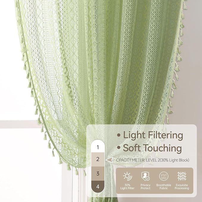 WAZZIO Boho Lace Curtains 63 Inches 2 Panel,Light Filtering Privacy Tassel & Geometry Crochet Semi Sheer Curtain Drapes for Bedroom Living Dining Room,Rod Pocket & Tassel,Grass Green