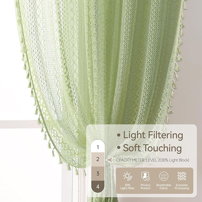 WAZZIO Boho Lace Curtains 84 Inches 2 Panel,Light Filtering Privacy Tassel & Geometry Crochet Semi Sheer Curtain Drapes for Bedroom Living Dining Room,Rod Pocket & Tassel,Grass Green