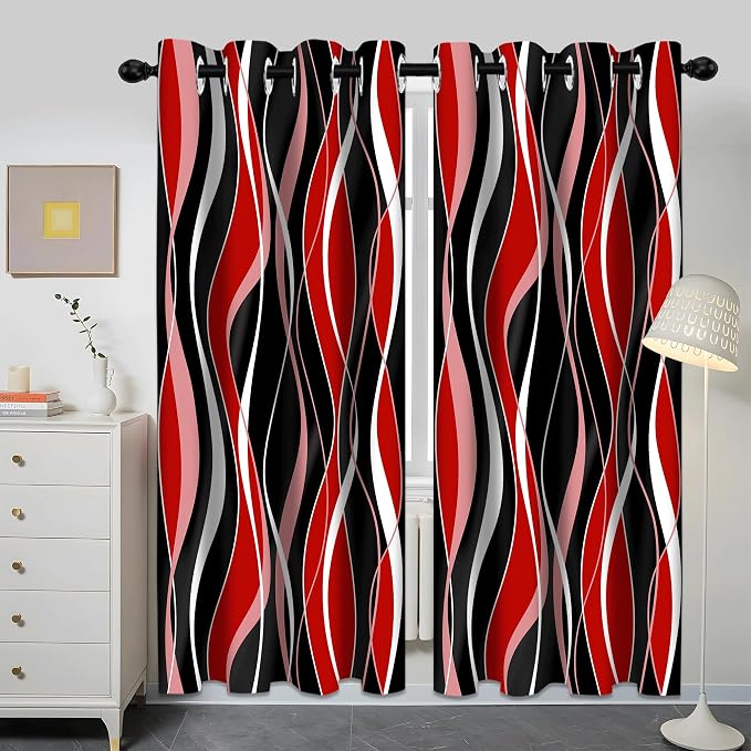 iTapnoom Red Black Abstract Blackout Curtains, Geometric Striped Art Darkening Window Drapes Grommet for Living Room Bedroom Decor 2 Panels 52"x84" Inches