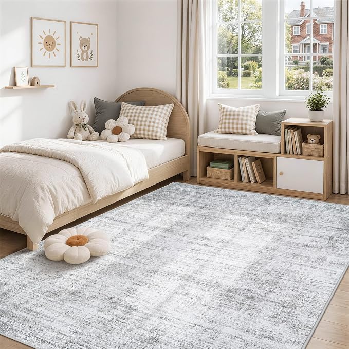 6x9 Area Rugs for Living Room Washable Rugs Neutral Abstract Large Rug Soft Modern Carpet Non-Slip Stain Resistant Low Pile Rug for Bedroom Dining Room Nursery Home Office Under Table Area Rug Grey